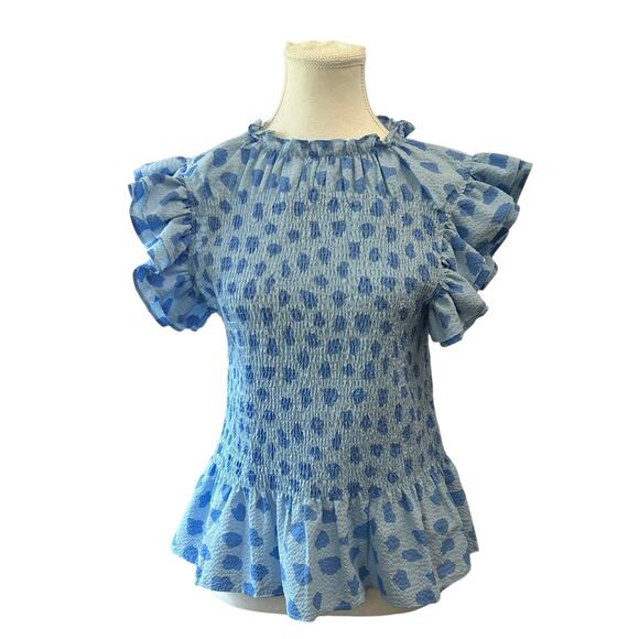 THML Smocked Top Women's Size Small Blue with Blue Clouds and Frilly Sleeves - Picture 1 of 8